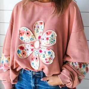 Floral Appliqué Pink Sweatshirt